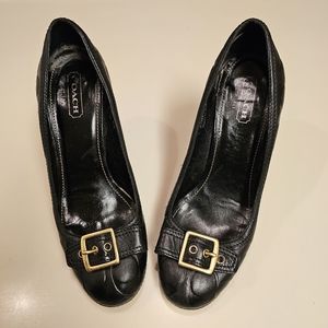 Coach Black Leather Embossed Signature Logo with Gold Buckle Pumps